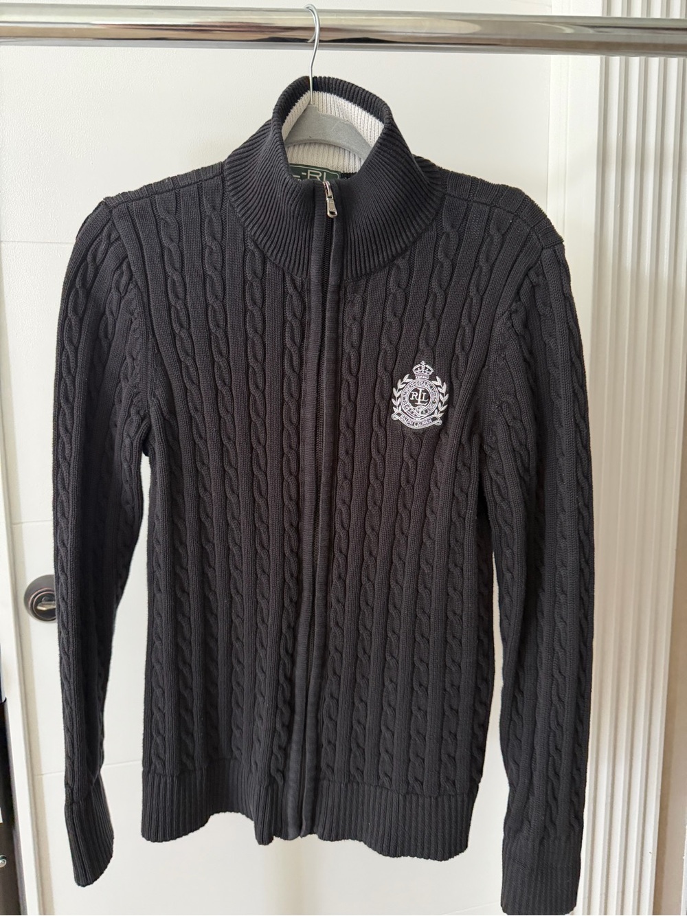 Ralph Lauren Black Cable-Knit Full-Zip Sweater with Crest